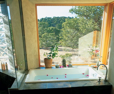 The connection to the outside is also reinforced by the bathroom’s graywater system, which takes water from the sinks and tubs and distributes it to the grounds.